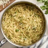 Overhead view of Spaghetti Algio e Olio in a saucepan.