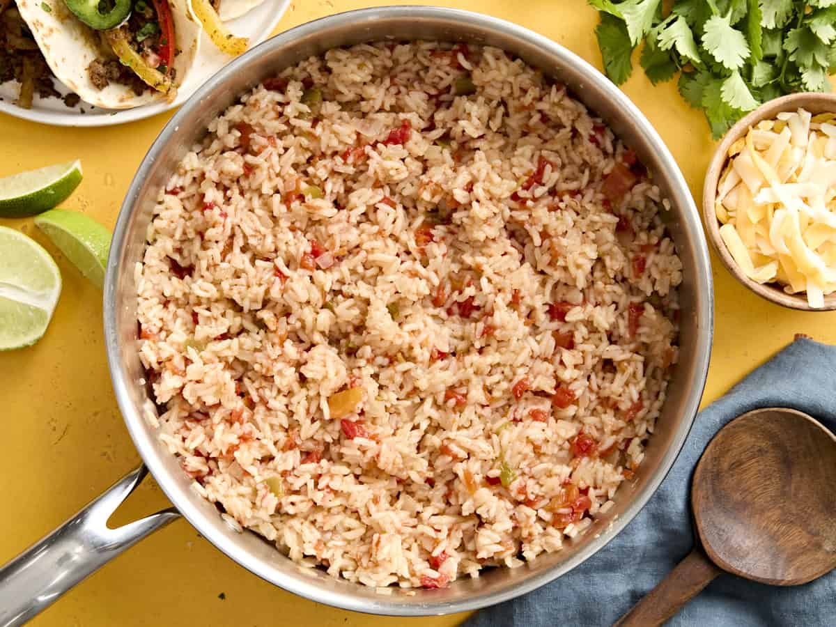 Overhead view of spanish rice in a skillet.