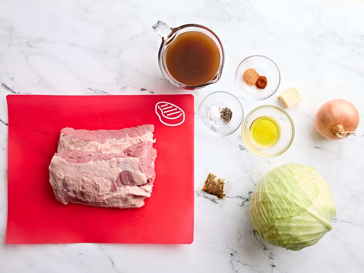 The ingredients for corned beef and cabbage.