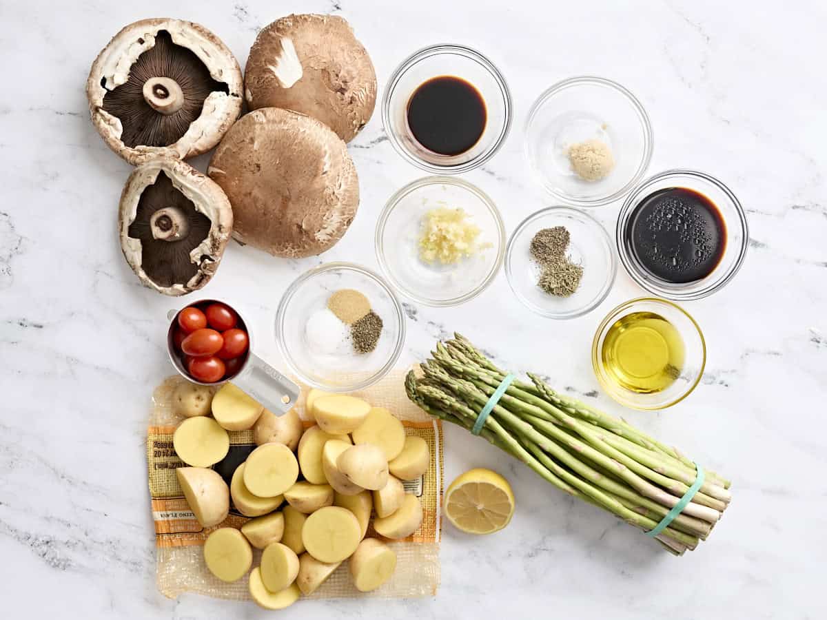 The ingredients for a one pan mushroom steak dinner.