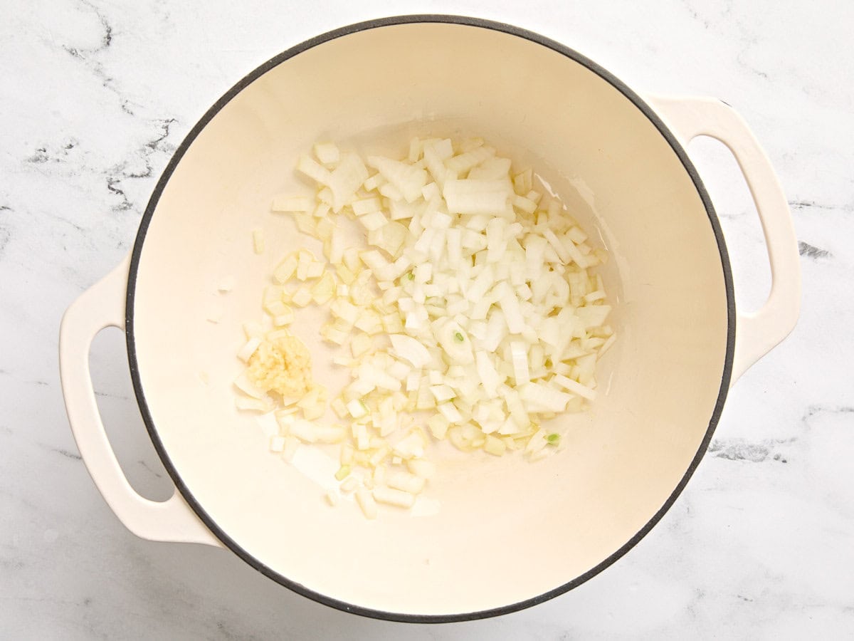 Diced onion in a pot.