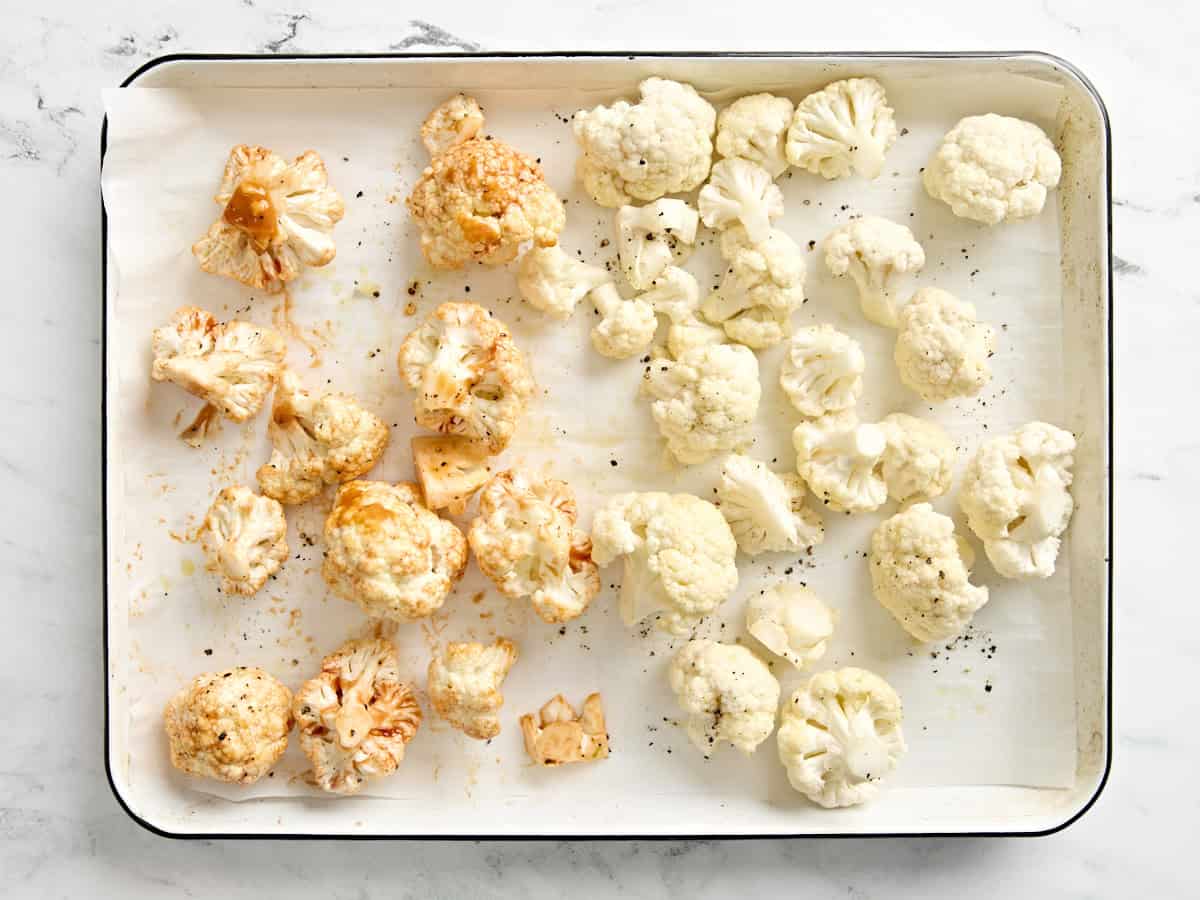 overhead view of roasted cauliflower with added hot sauce