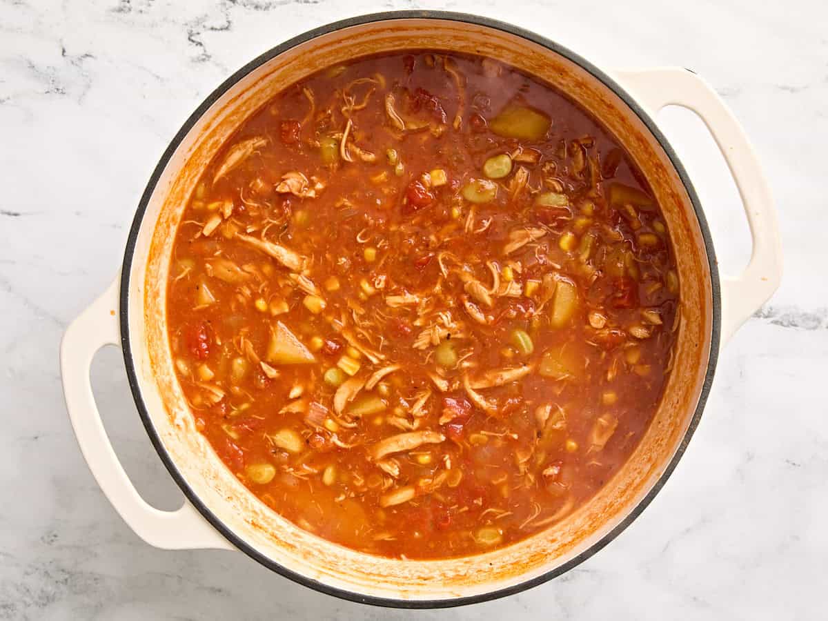 Finished Brunswick stew recipe after simmering in a pot.