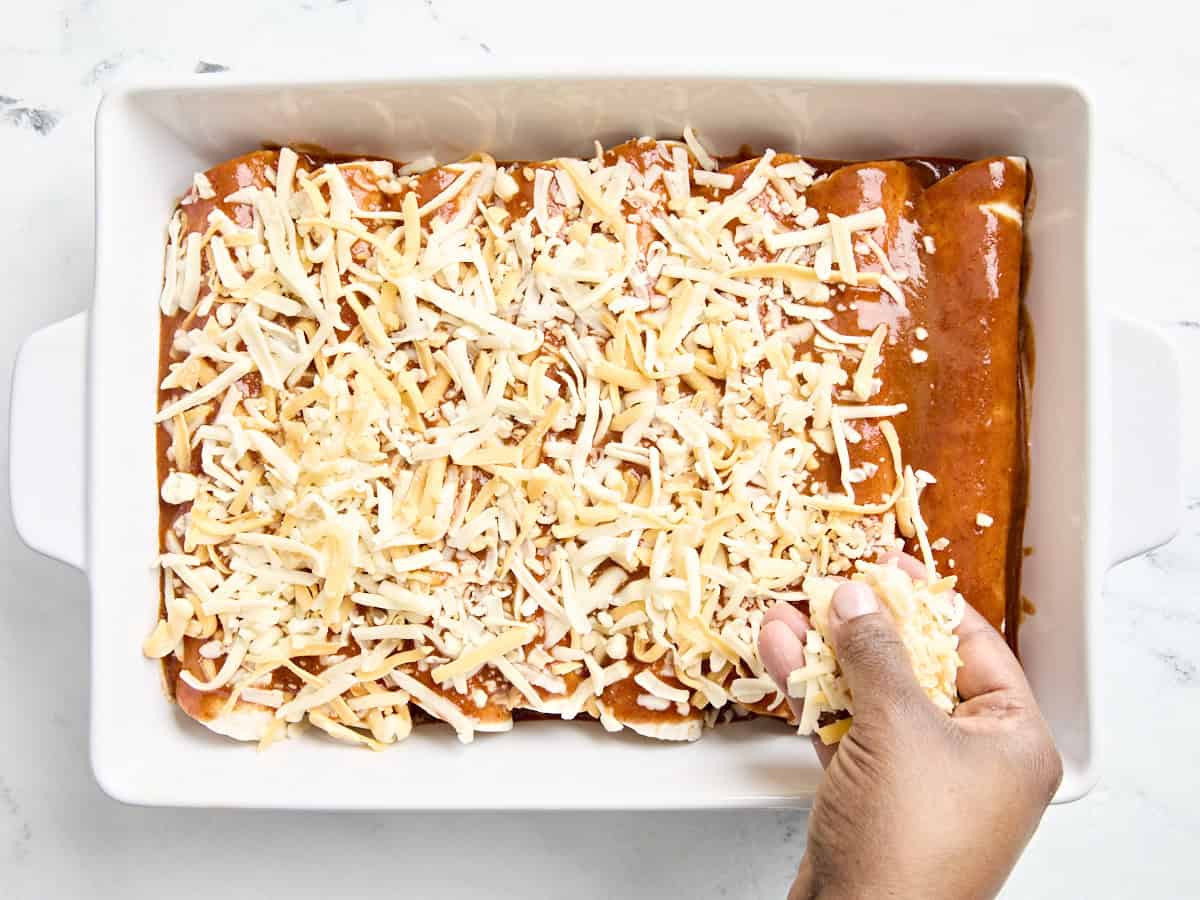 Chicken enchiladas topped with sauce and shredded cheese.