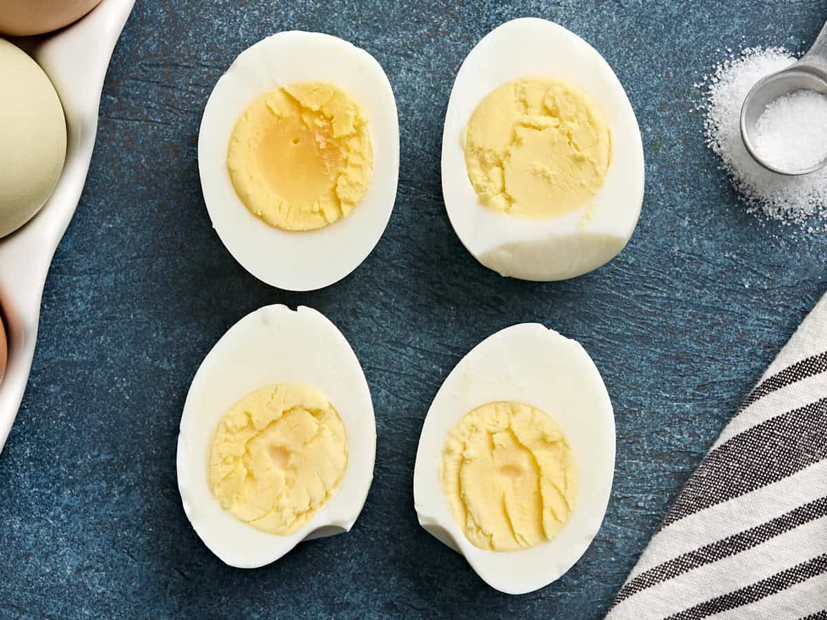 Overhead view of air fryer hard boiled eggs.