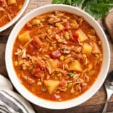 Overhead view of a bowl of Brunswick stew.