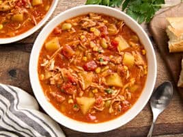 Overhead view of a bowl of Brunswick stew.