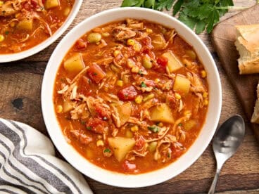 Overhead view of a bowl of Brunswick stew.