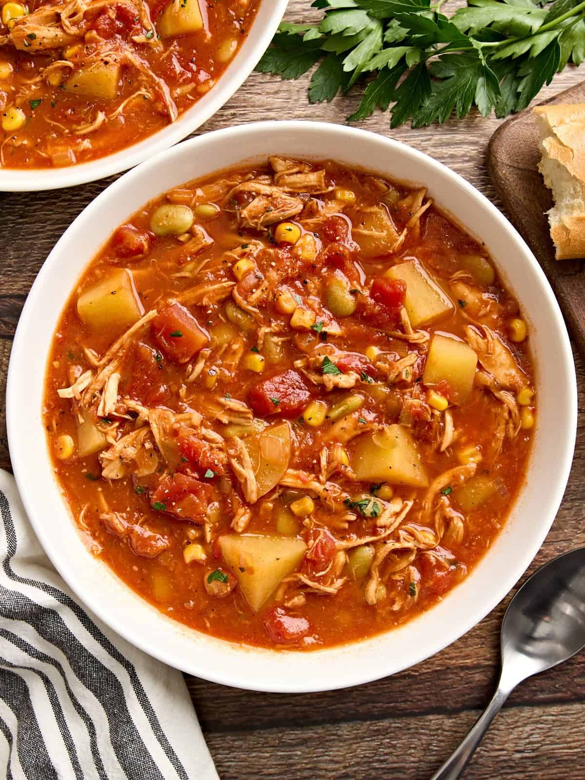 Overhead view of a bowl of homemade Brunswick stew.