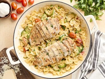 Overhead view of Overhead view of Pasta Primavera with chicken in a skillet.