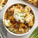 Overhead view of a loaded cauliflower bowl.