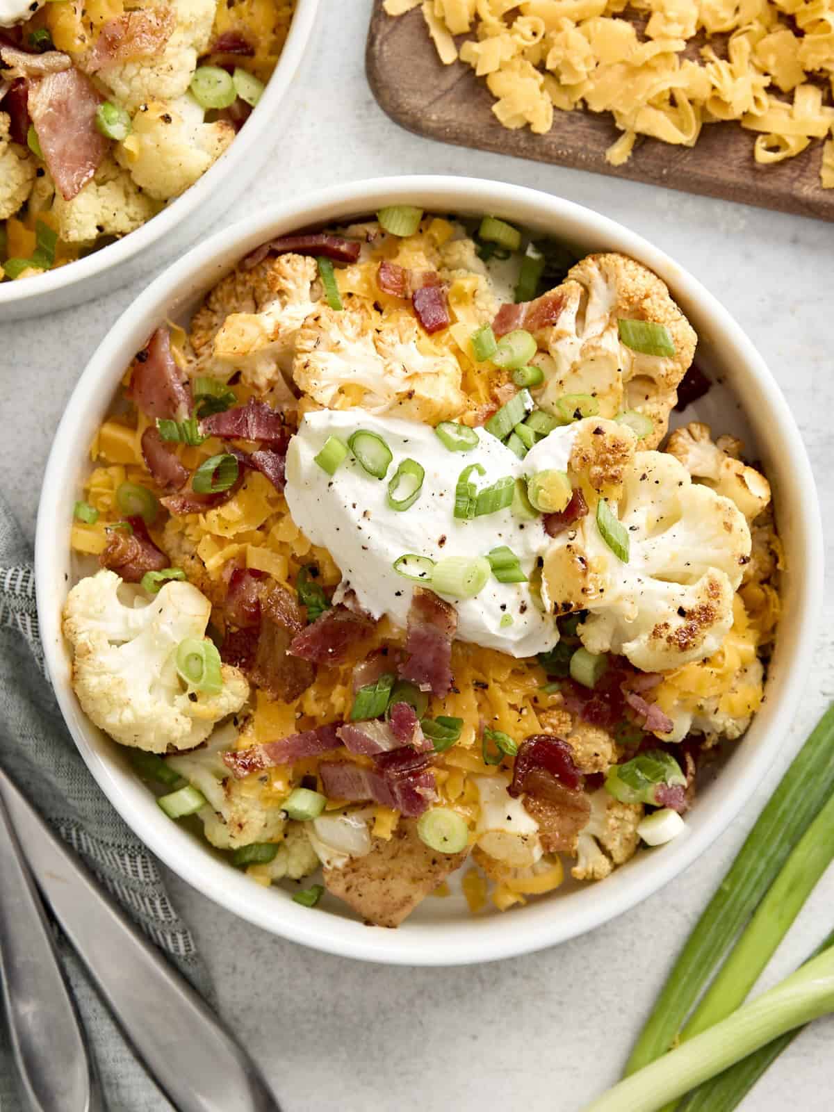 Overhead view of a loaded cauliflower bowl.