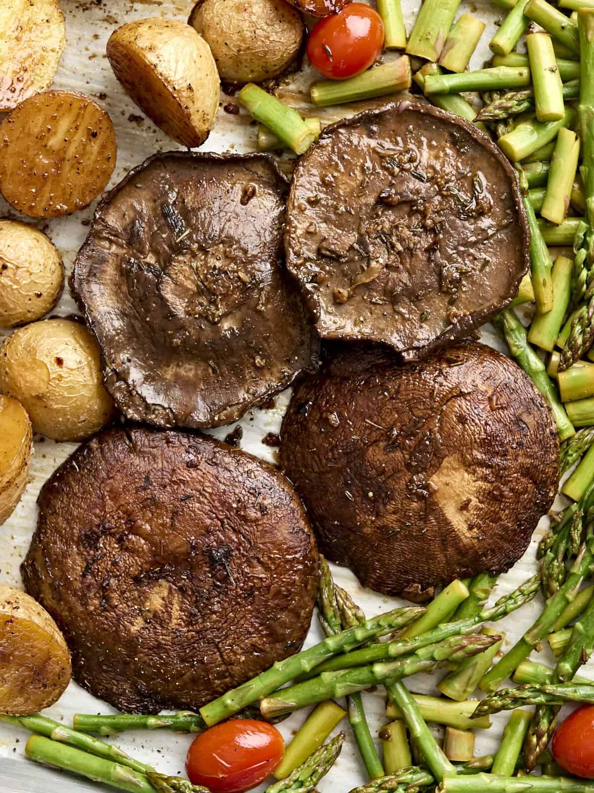 Overhead close up view of a one pan mushroom steak dinner.