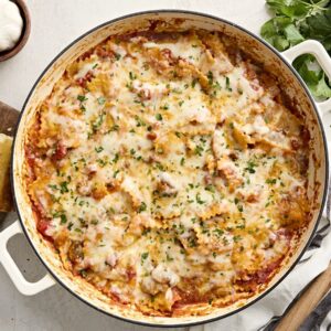 Overhead view of cheesy skillet ravioli.