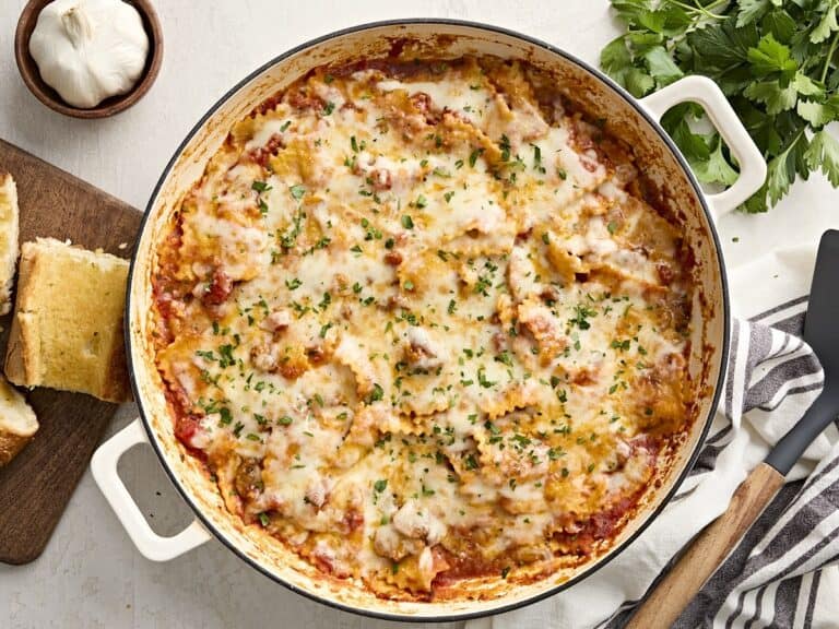 Overhead view of cheesy skillet ravioli.