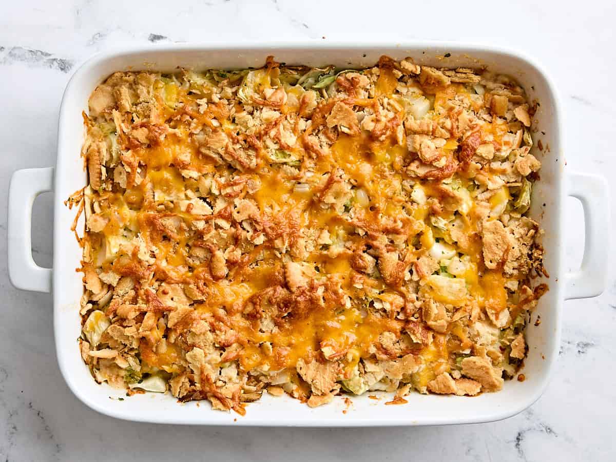 Finished homemade cabbage casserole in a casserole dish.