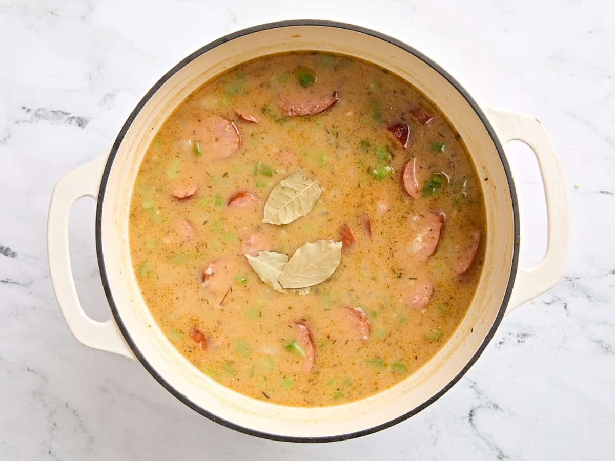 Homemade gumbo in a skillet before simmering.