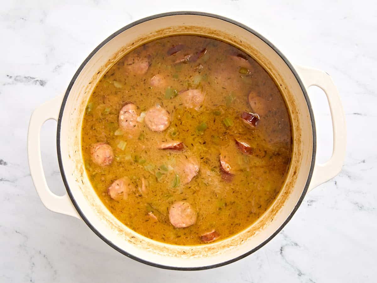 Homemade gumbo after simmering in a skillet.