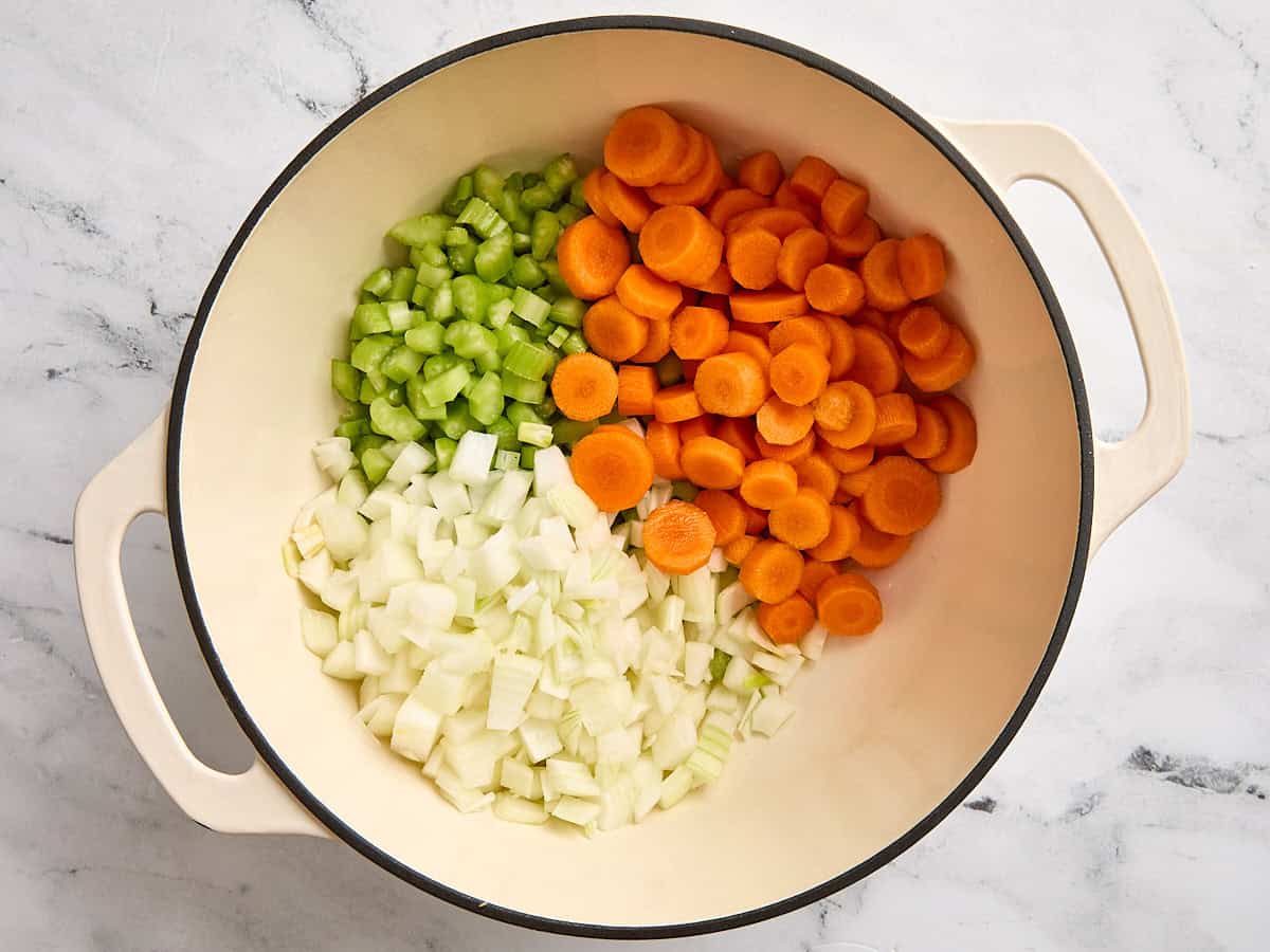 A mirepoix in a stock pot.