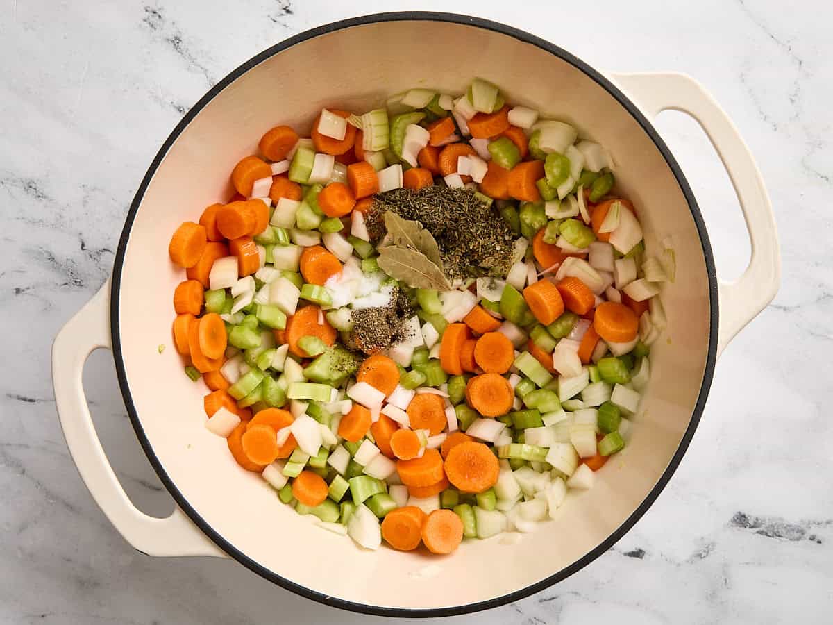 Sauteed mire poix in a stockpot with seasonings.