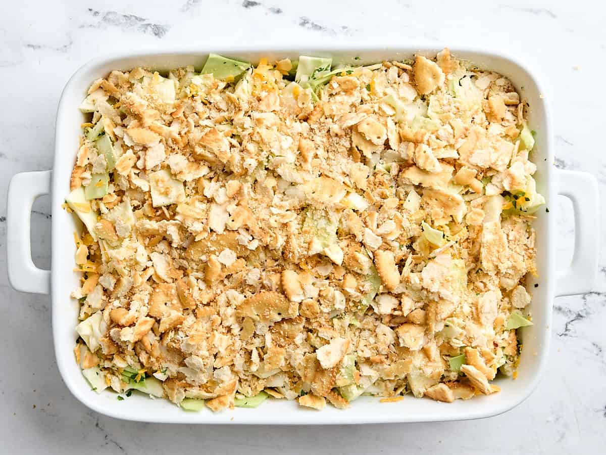 Ritz crackers sprinkled over an old fashioned cabbage casserole.