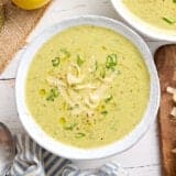 Overhead view of homemade asparagus soup in a bowl.