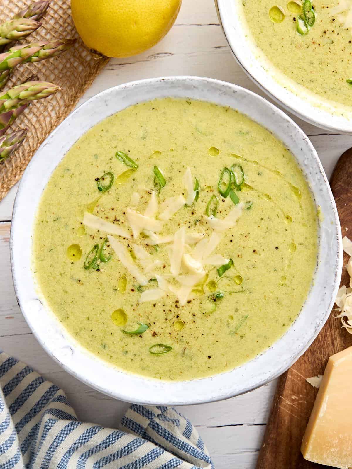 Overhead view of homemade asparagus soup in a bowl.